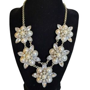 Floral Pearl Crystal Necklace Silver Tone Bridal Glam Statement Necklace